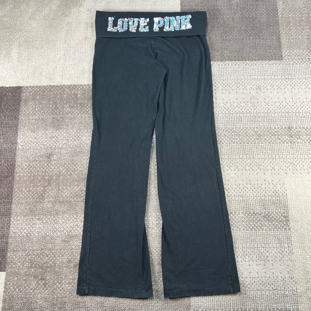 Victoria's Secret PINK Black Sequin Logo Foldover Yoga Flare Pants Womens L